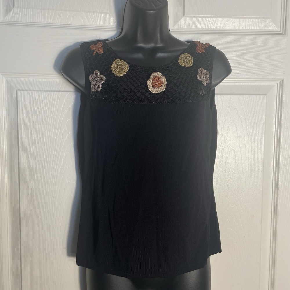 Vintage Joseph A  Shirt Women M‎ Black Knit Crochet Flower Detail Y2K Tank Top